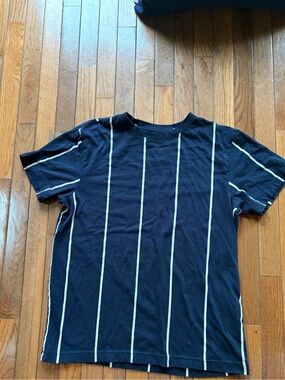Original Use Navy Short Sleeve Tee with White Vertical Stripes